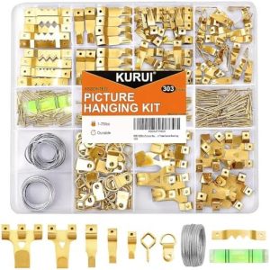 Accesorii pentru agățat tablouri |   Kit de agățat poze 303Pcs, kit asortat de suporturi pentru poze cu cârlige de perete rezistente, dinți de ferăstrău, sârmă pentru poze, inele D, cuie de montaj, cârlige cu ochi și unealtă pentru agățat poze pentru montarea ramelor și a pânzelor. Accesorii pentru agățat tablouri Accesorii pentru agățat tablouri