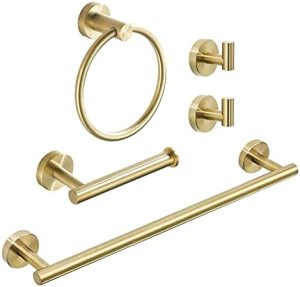 Accesorii pentru baie |   Accesorii pentru baie din aur periat, set de accesorii pentru baie include suport pentru hârtie igienică, bară pentru prosoape, inel pentru prosoape, 2 cârlige pentru halate, 5 piese montate pe perete. Accesorii pentru baie Accesorii pentru baie