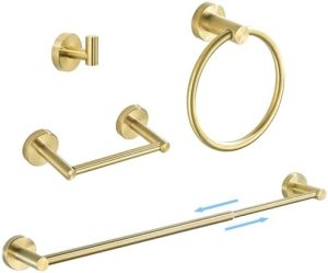 Accesorii pentru baie |   Set Accesorii pentru Baie din Aur, Hardware pentru Baie, Finisaj Aur Periat, Include Bară pentru Prosoape de 15 până la 24 de Inch, Suport pentru Hârtie Igienică, Inel pentru Prosoape, Cârlig pentru Halat, Montare pe Perete, Suport pentru Prosoape Mici, 4 Piese. Accesorii pentru baie Accesorii pentru baie