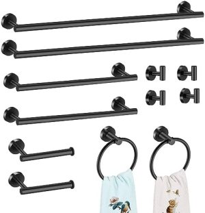 Accesorii pentru baie |   Set de 12 Piese Accesorii Baie Negru Mat, Set Bara Prosoape pentru Baie Include Bara Prosoape de 24 Inch, Bara Prosoape de 16 Inch, Suport pentru Hârtie Igienică, Inele pentru Prosoape, Cârlige pentru Prosoape, Set Accesorii Baie din Oțel Inoxidabil. Accesorii pentru baie Accesorii pentru baie