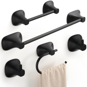 Accesorii pentru baie |   Set de accesorii pentru baie 5 piese, negru mat, suport pentru prosoape de 26 inch, set de bară pentru prosoape din oțel inoxidabil + plastic, suport pentru hârtie igienică, inel pentru prosoape montat pe perete, cârlige pentru halate în baie. Accesorii pentru baie Accesorii pentru baie