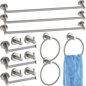 Accesorii pentru baie |   Set de accesorii pentru baie din 15 piese cu finisaj periat, 3 bare pentru prosoape de mână de 24 inci, 3 suporturi pentru hârtie igienică, 6 inele pentru prosoape și 3 cârlige pentru halate montate pe perete – kit de accesorii pentru baie. Accesorii pentru baie Accesorii pentru baie