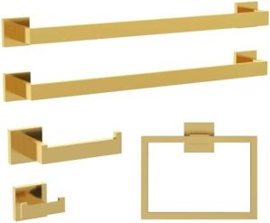 Accesorii pentru baie |   Set de accesorii pentru baie din 5 piese, accesorii pentru baie aurii periate din oțel inoxidabil 304, inclusiv suport pentru prosoape de baie de 60 cm, cârlig dublu pentru prosoape, suport pentru hârtie igienică și inel pentru prosoape. Accesorii pentru baie Accesorii pentru baie