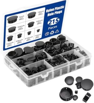 Conectori hardware |   Kit de 215 Piese Dopuri de Nylon Plastic Negre – 8 Dimensiuni: 1/4″, 5/16″, 3/8″, 1/2″, 5/8″, 3/4″, 7/8″, 1″ pentru Găuri Rotunde – Dopuri din Plastic pentru Mobilier, Inserții pentru Dulapuri, Capace pentru Capete. Conectori hardware Conectori hardware