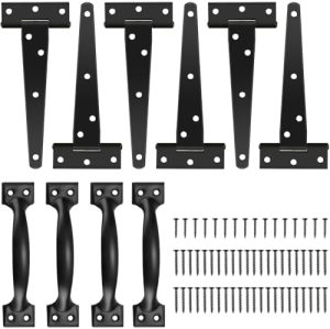 Fierărie pentru porți |   Set de 6 balamale T de 6 inch pentru porți – Kit hardware de uși rezistente pentru garduri din lemn, balamale de ușă rezistente la rugină, 4 manere de ușă cu șuruburi pentru magazii, garaje exterioare, dulapuri și sertare, culoare neagră. Fierărie pentru porți Fierărie pentru porți